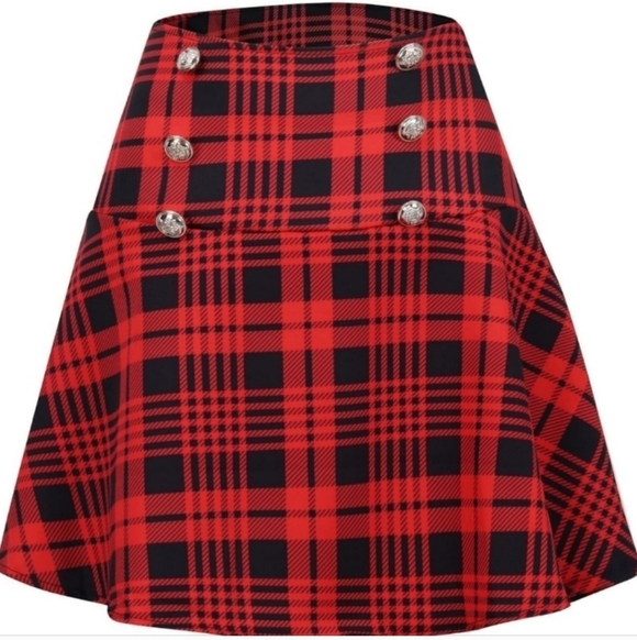 Red Plaid Skirt with Gold Button Accents - Picture 3 of 5